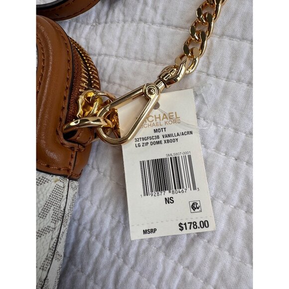 NEW Michael Kors Vanilla/Acorn LG Zip Dome Crossbody Bag Gold Chain Strap - Picture 2 of 15